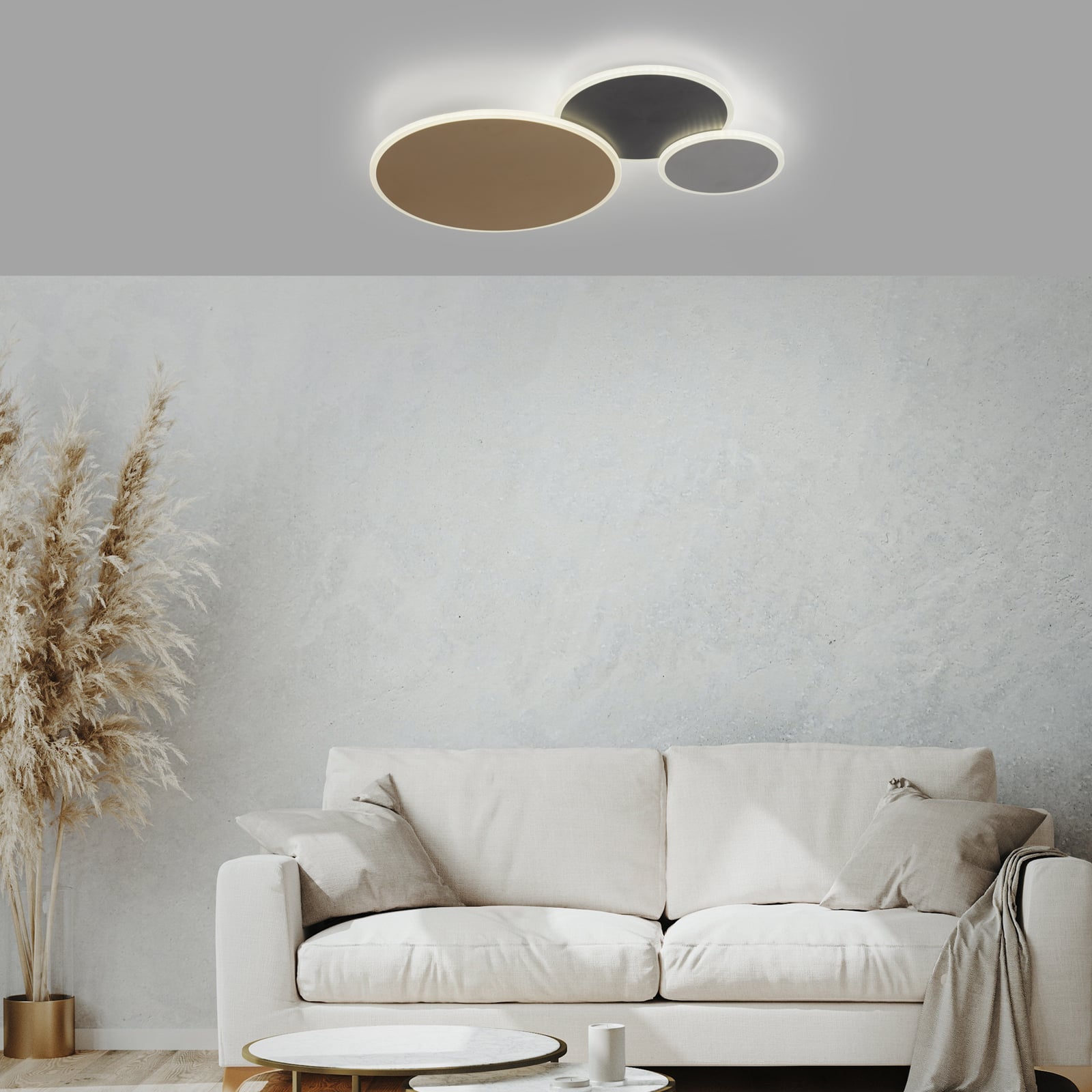 Detalj av LED taklampe Q-Piato 3-lys messing/antrasitt