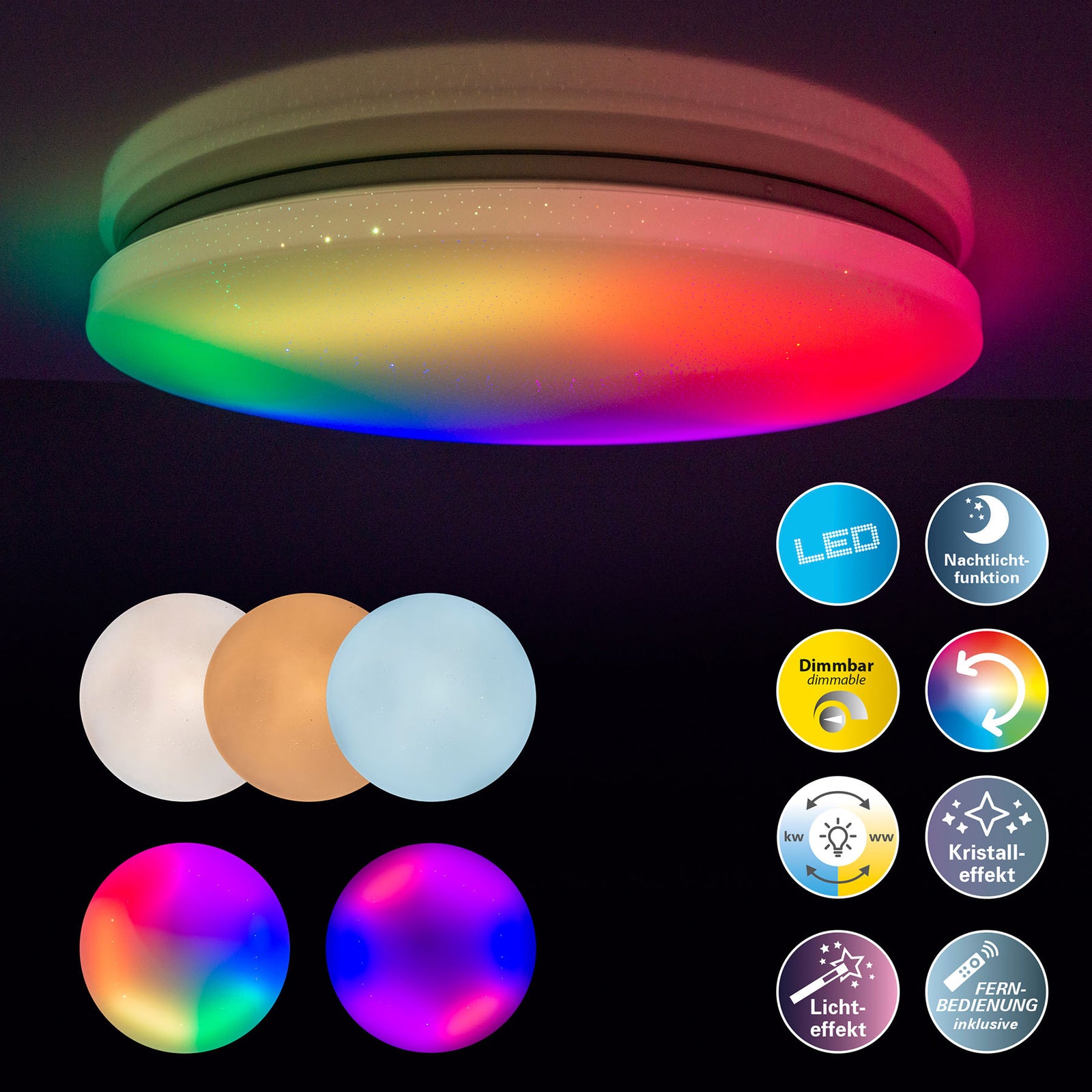 LED taklampe Rainbow dimbar RGBW Ø60 cm fjernkontroll - Näve opplyst
