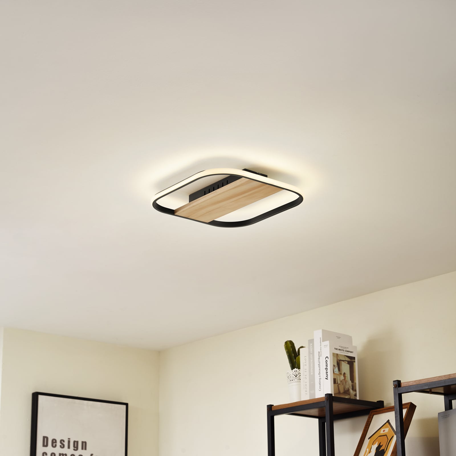 Bakside av LED taklampe Romilda grå tre 37 cm 7W varmhvit