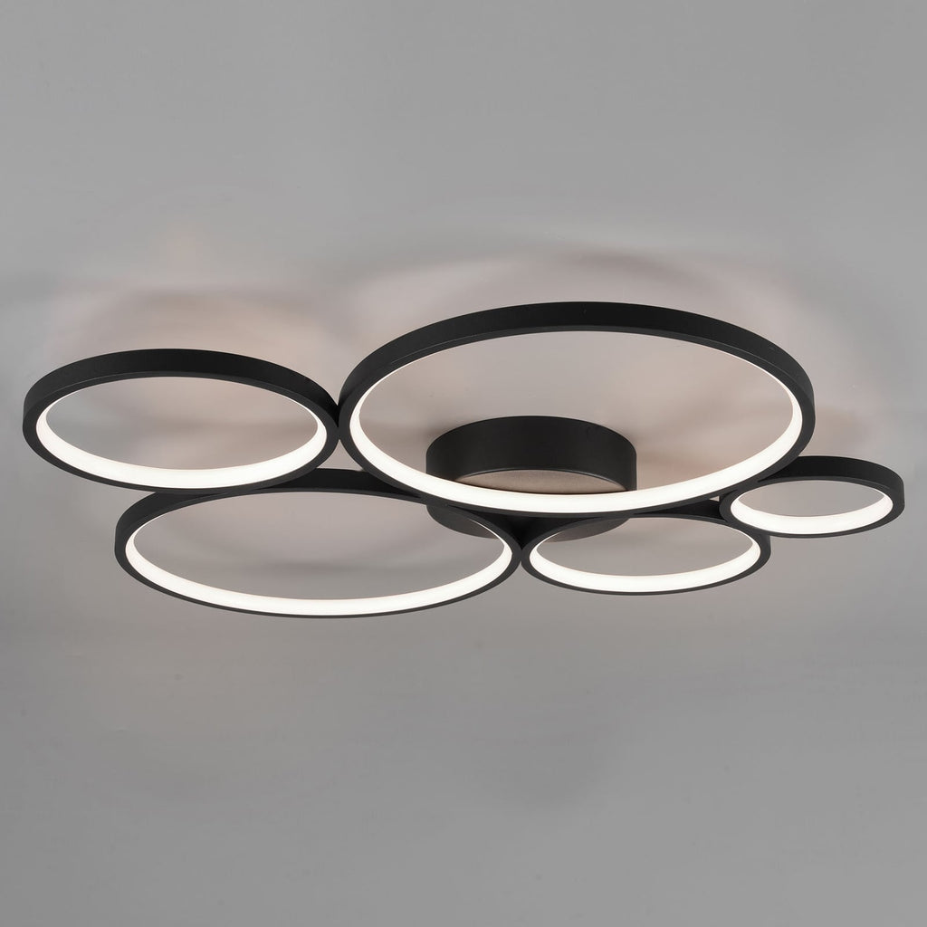 LED taklampe Rondo 5 ringer dimbar svart matt forfra