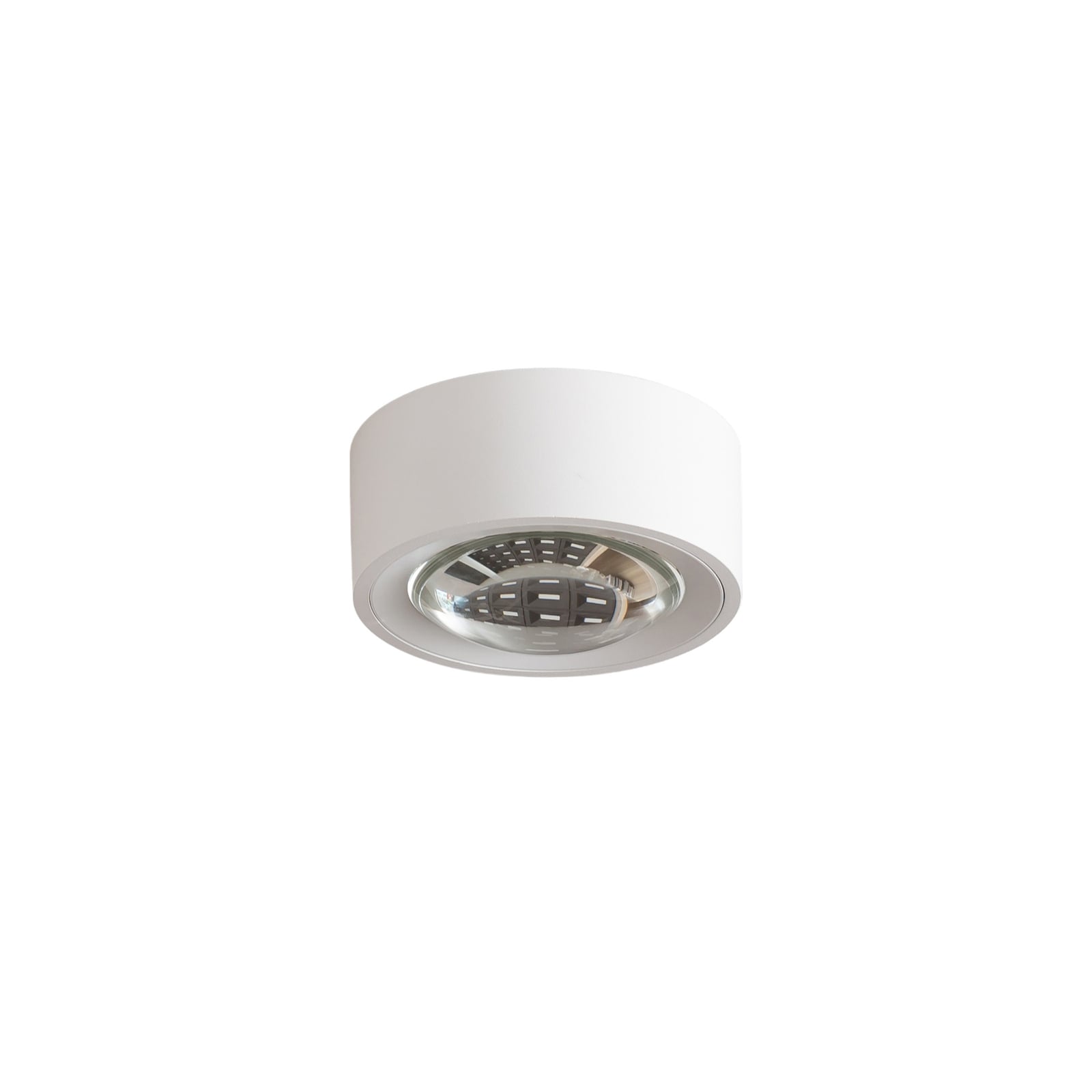 LED taklampe Rotari med linse dimbar hvit Ø12 cm nærbilde aluminiumsoverflate