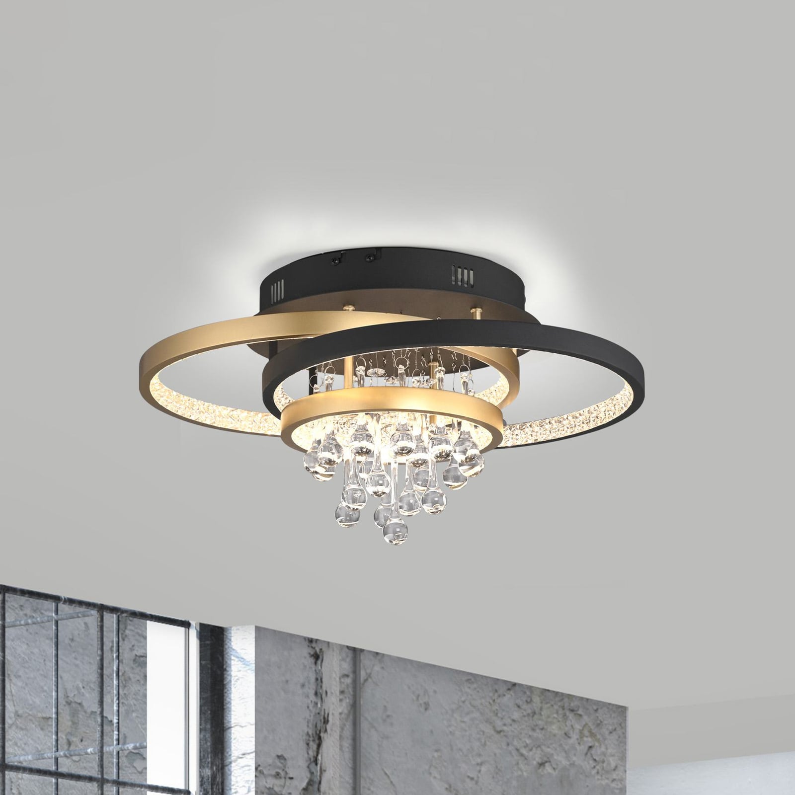 LED taklampe Rotazo krystall CCT dimbar svart/messing forfra