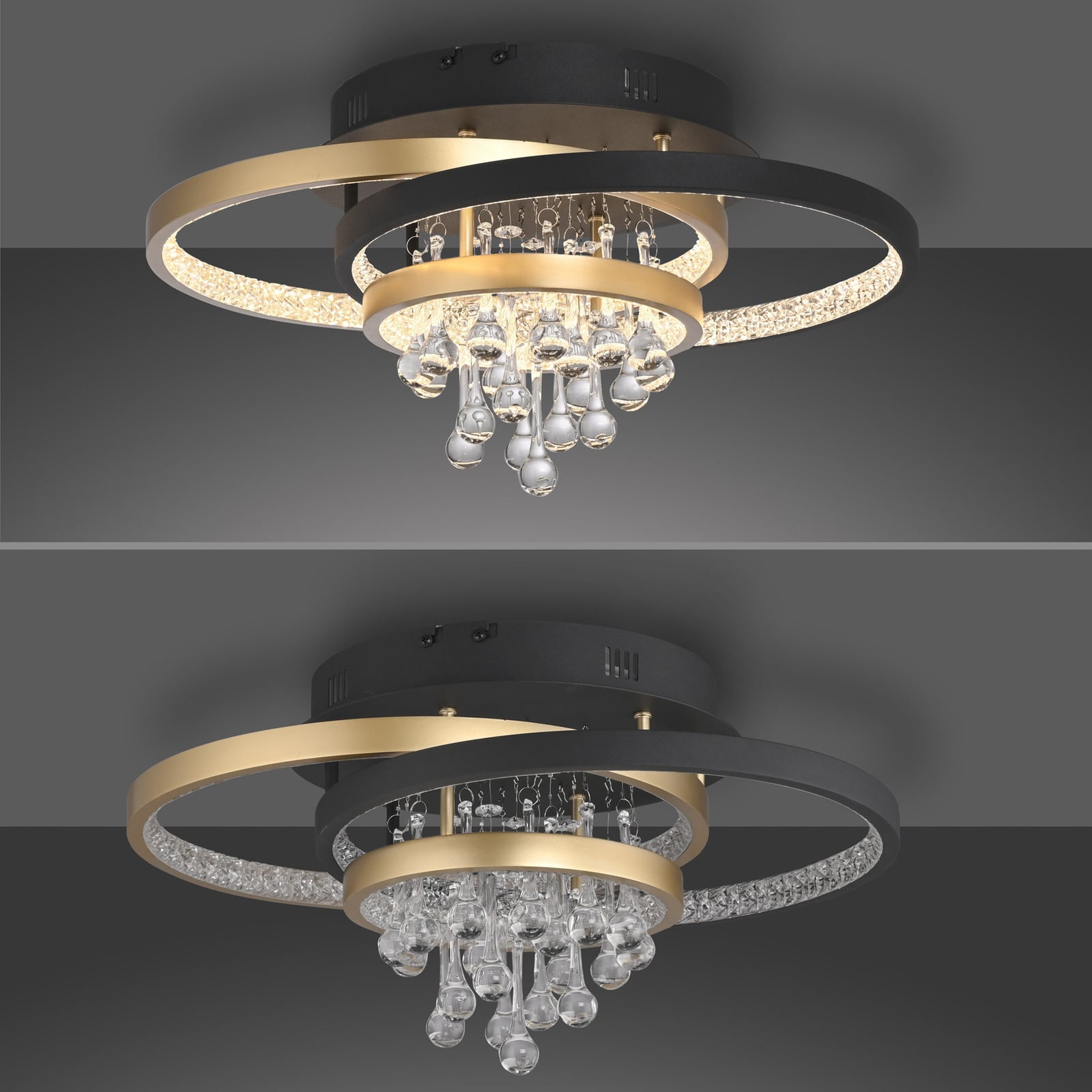 LED taklampe Rotazo krystall CCT dimbar svart/messing sideprofil