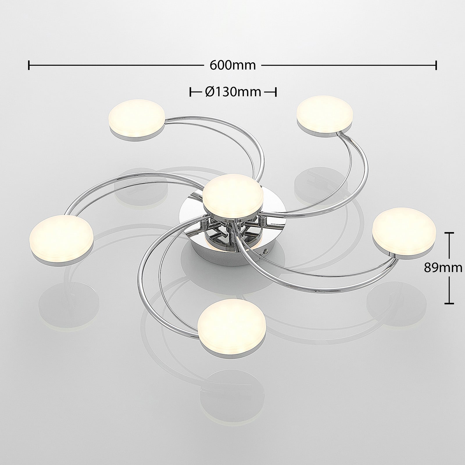 LED taklampe Rouven spiralform 6-lys krom montert i rom