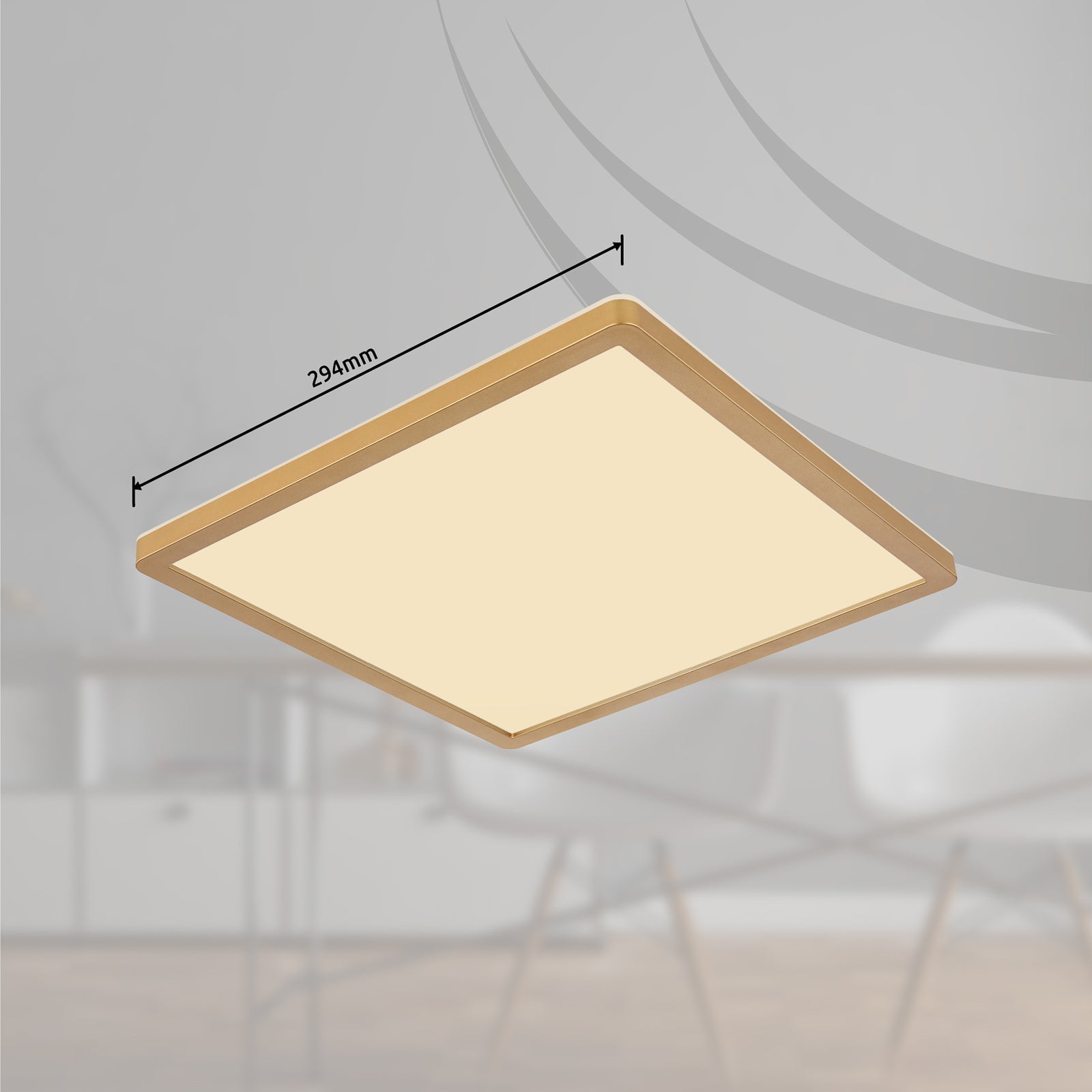 Detaljbilde av messingfinish på LED taklampe Sapana kvadratisk 29,5 cm