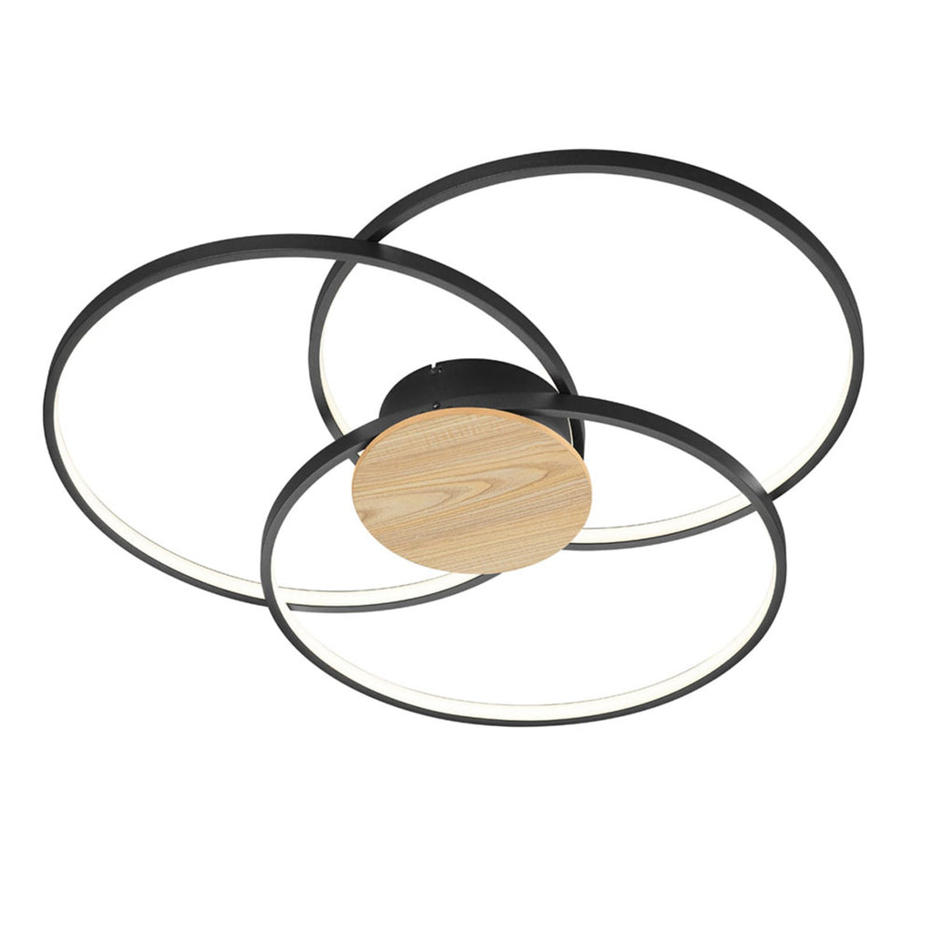 LED taklampe Sedona med tredetalj svart matt Ø80 cm detalj av metallringer