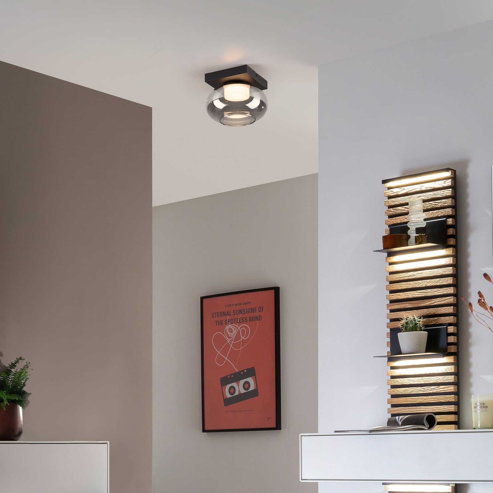 LED taklampe Sia røykgrå glass dimbar 20x20 cm bakside