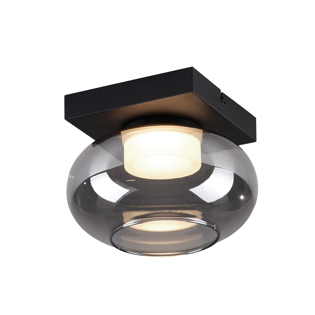 Nærbilde av glassdetalj på LED taklampe Sia røykgrå glass dimbar 20x20 cm