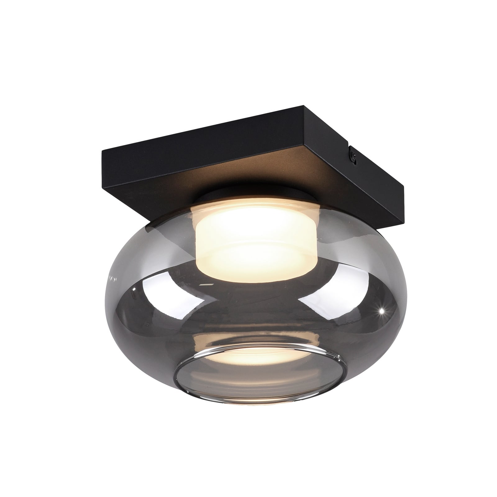 Nærbilde av glassdetalj på LED taklampe Sia røykgrå glass dimbar 20x20 cm