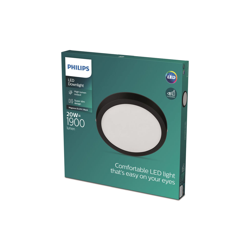 Nærbilde av LED taklampe Slim Surface svart Ø28,6 cm 20W varmhvit Philips