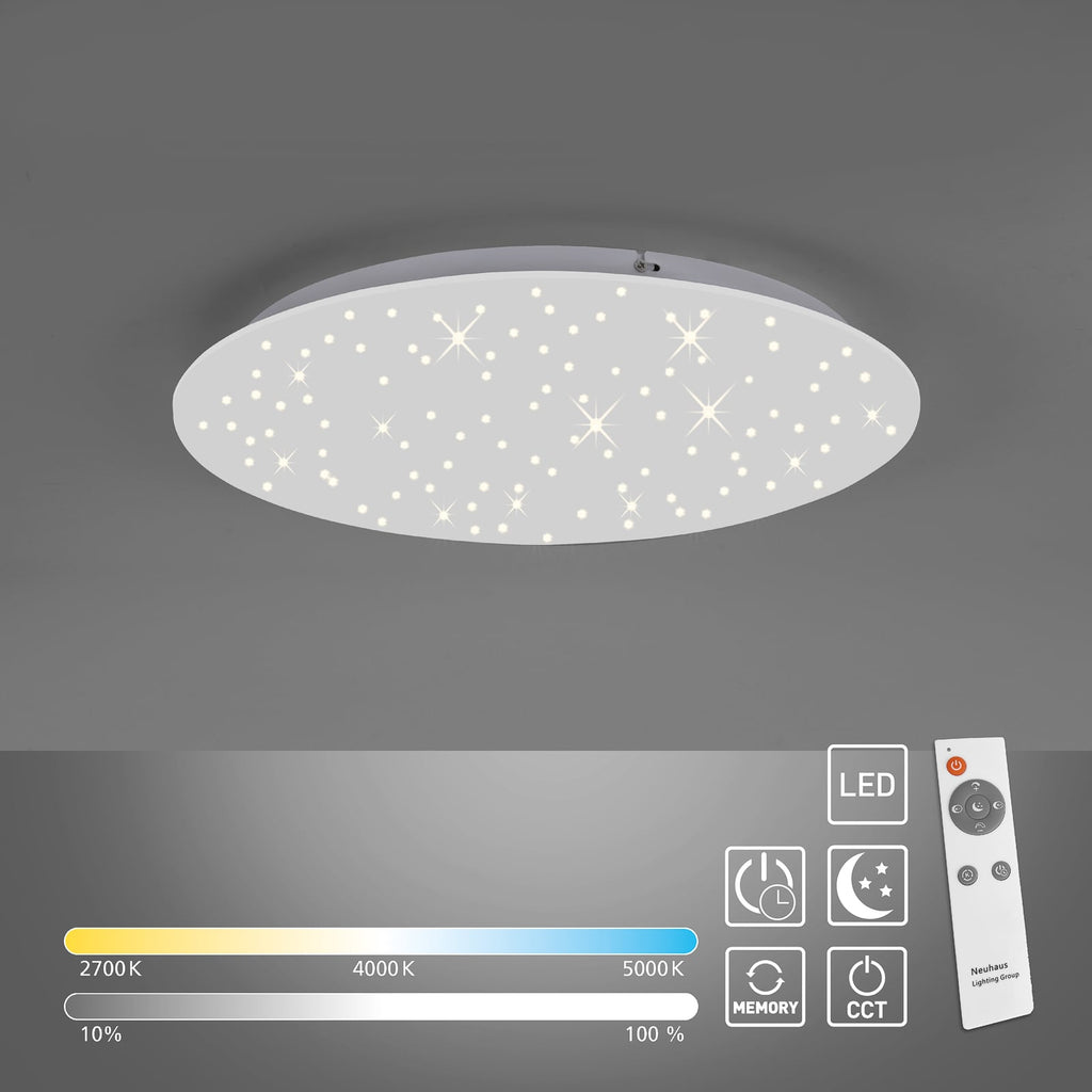 Nærbilde av lysåpninger på LED taklampe Sparkle dimbar CCT fjernkontroll hvit Ø48 cm