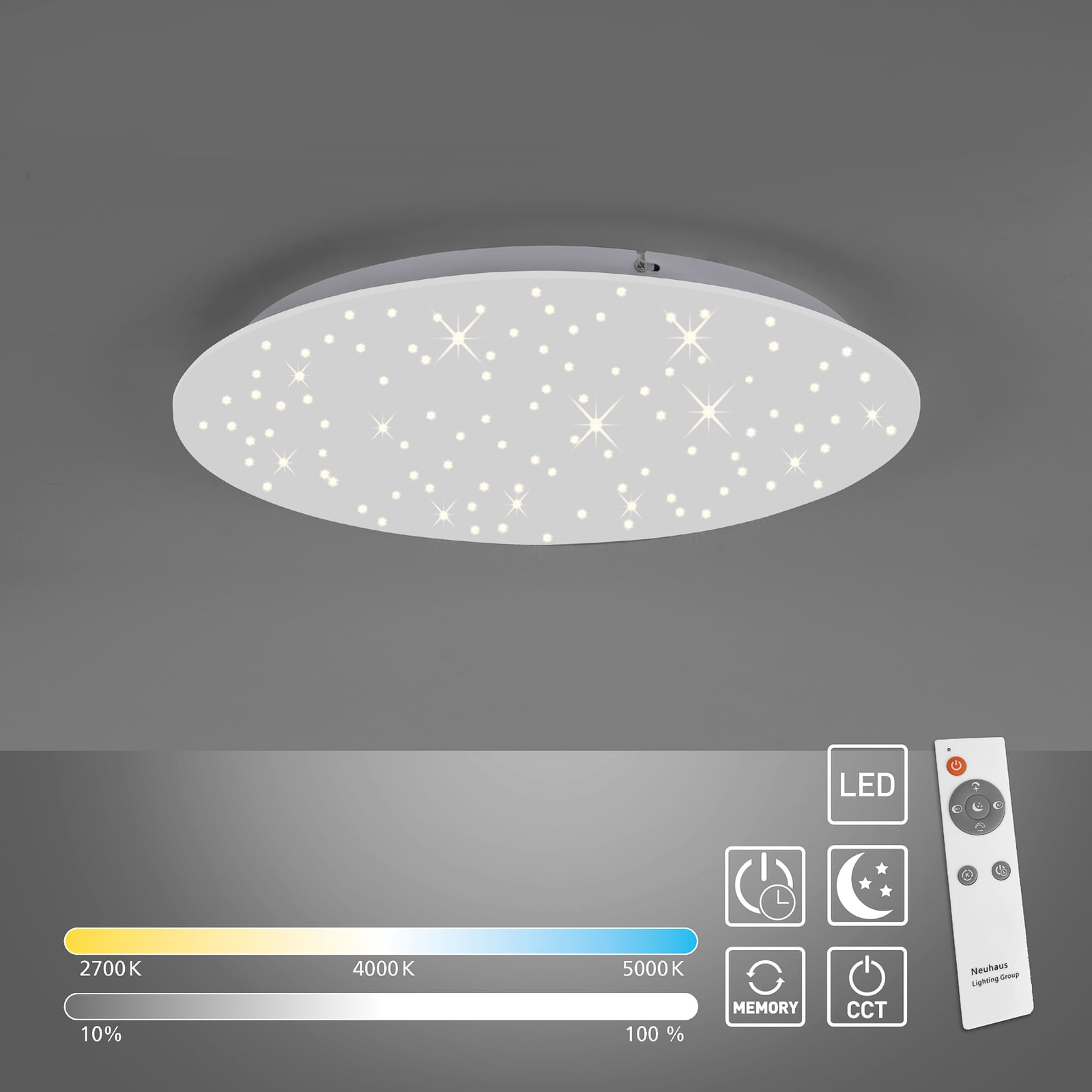 Nærbilde av lysåpninger på LED taklampe Sparkle dimbar CCT fjernkontroll hvit Ø48 cm