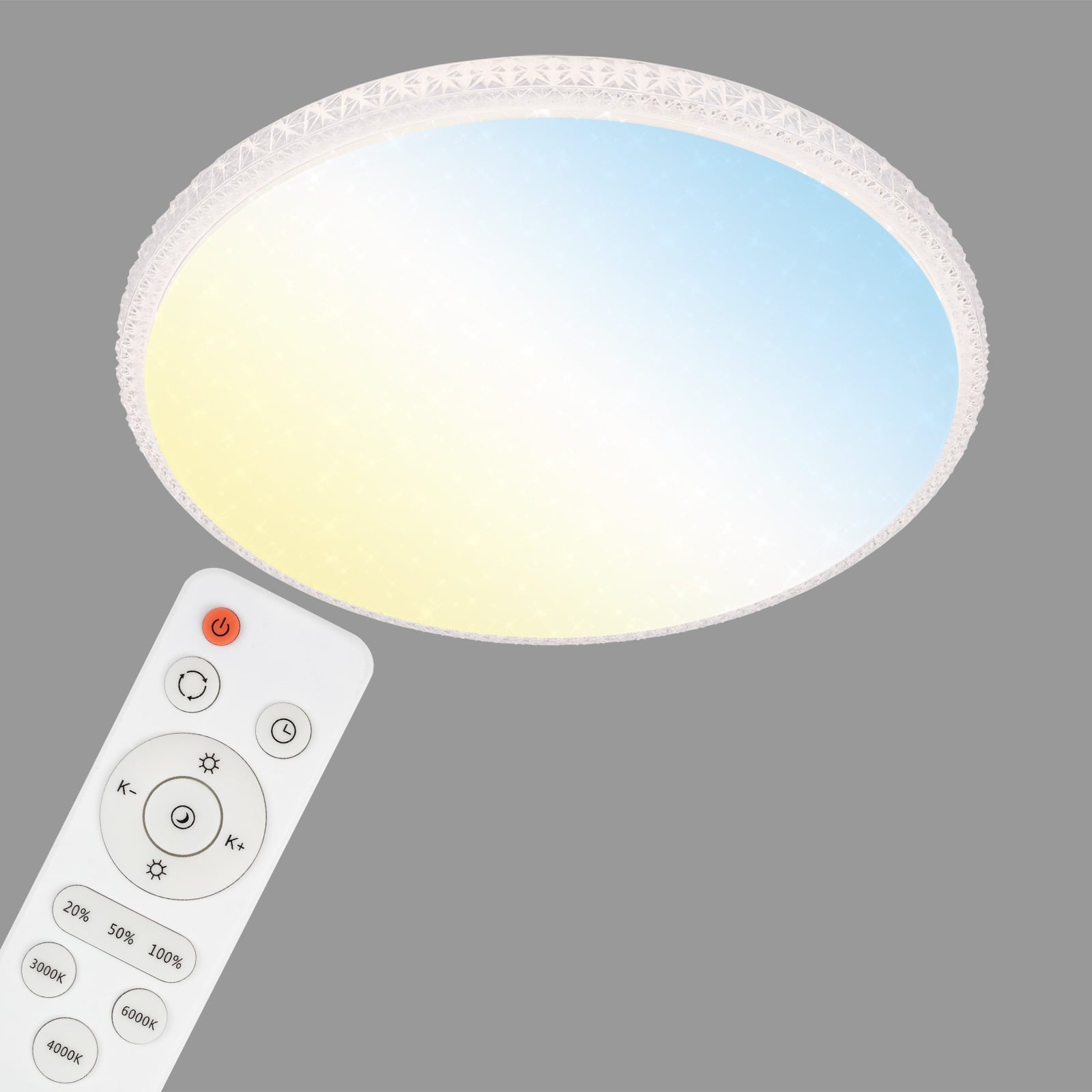 Nærbilde av fjernkontroll til LED taklampe Style dimbar CCT Ø59 cm hvit med fjernkontroll