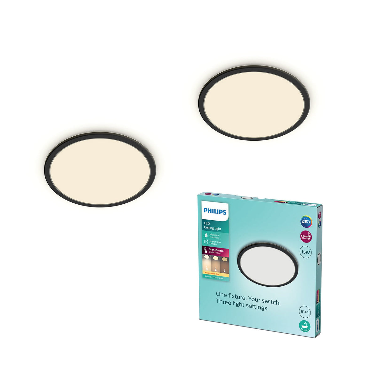 LED taklampe SuperSlim 2-pack svart Ø25 cm dimbar IP44 montert