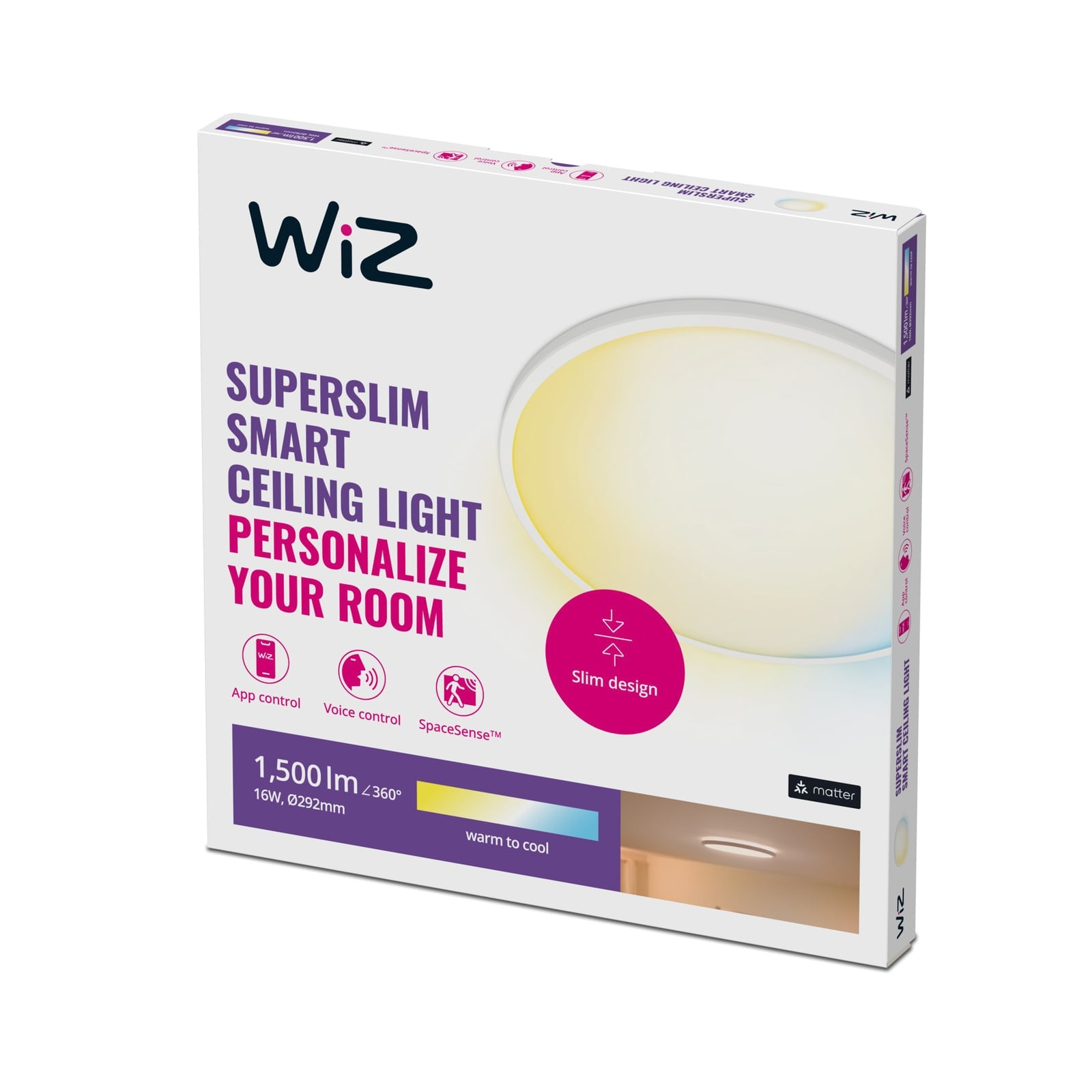 Nærbilde av LED taklampe SuperSlim smart CCT dimbar hvit lysdiffusor