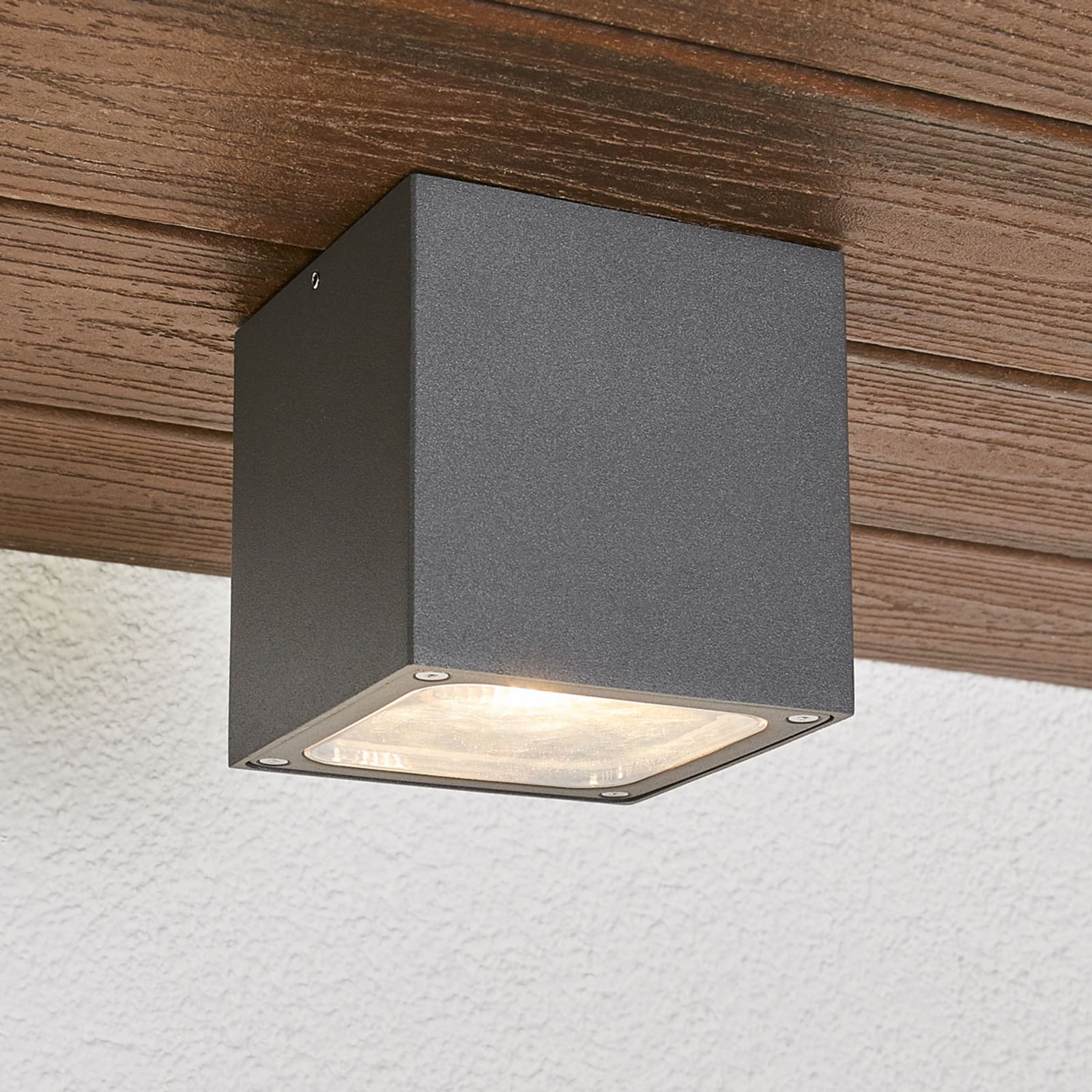 LED taklampe Tanea terningformet mørkegrå forfra
