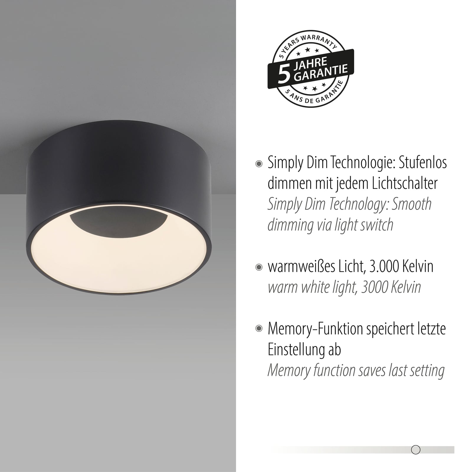 LED taklampe Tanika svart Ø16 cm 13W dimbar varmhvit med veggbryter