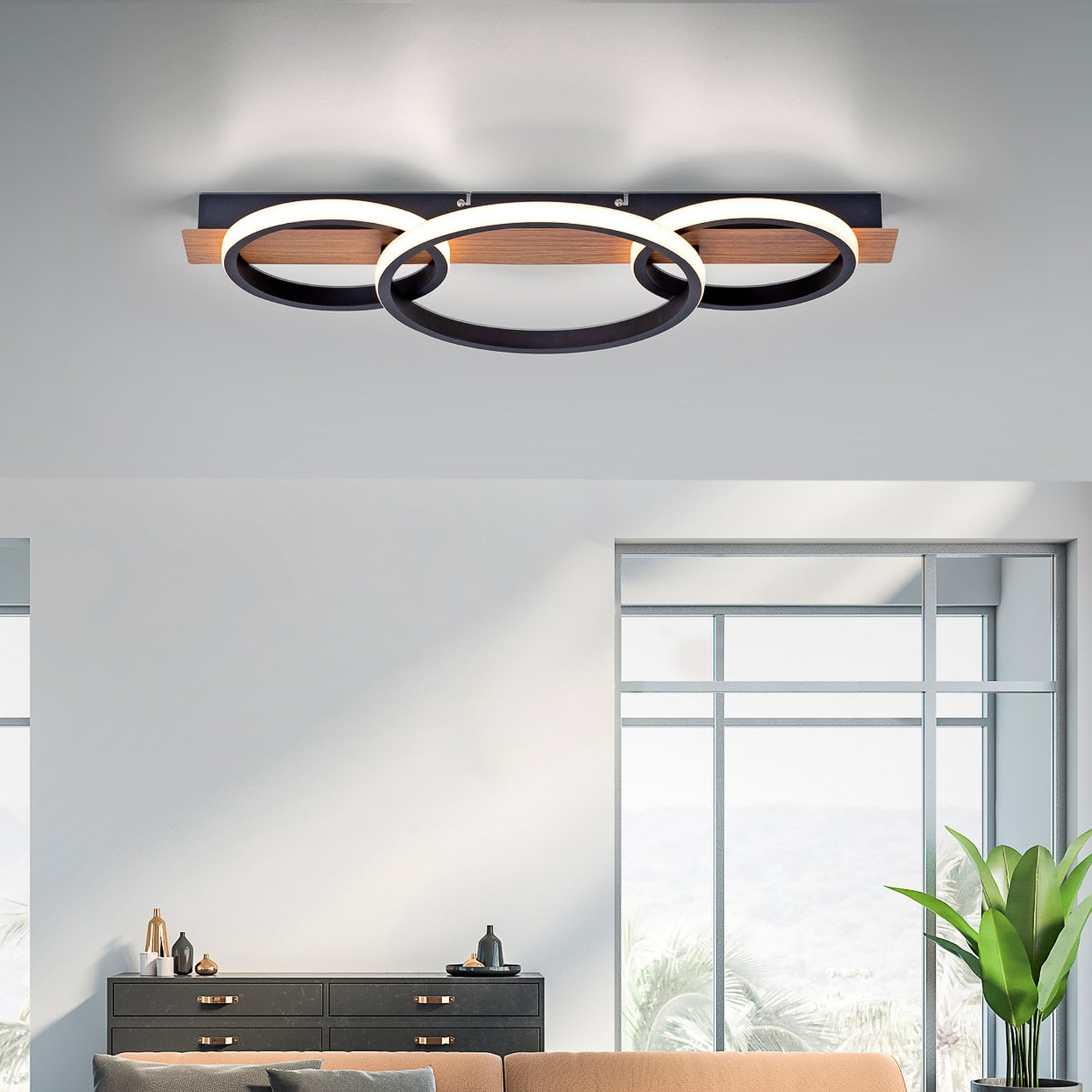 Bakside av LED taklampe Trooper tredekor svart/lysbrun 68 cm