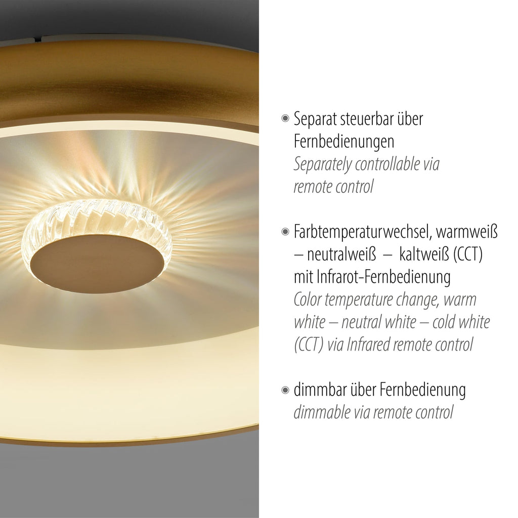 Nærbilde av LED taklampe Vertigo CCT dimbar messing
