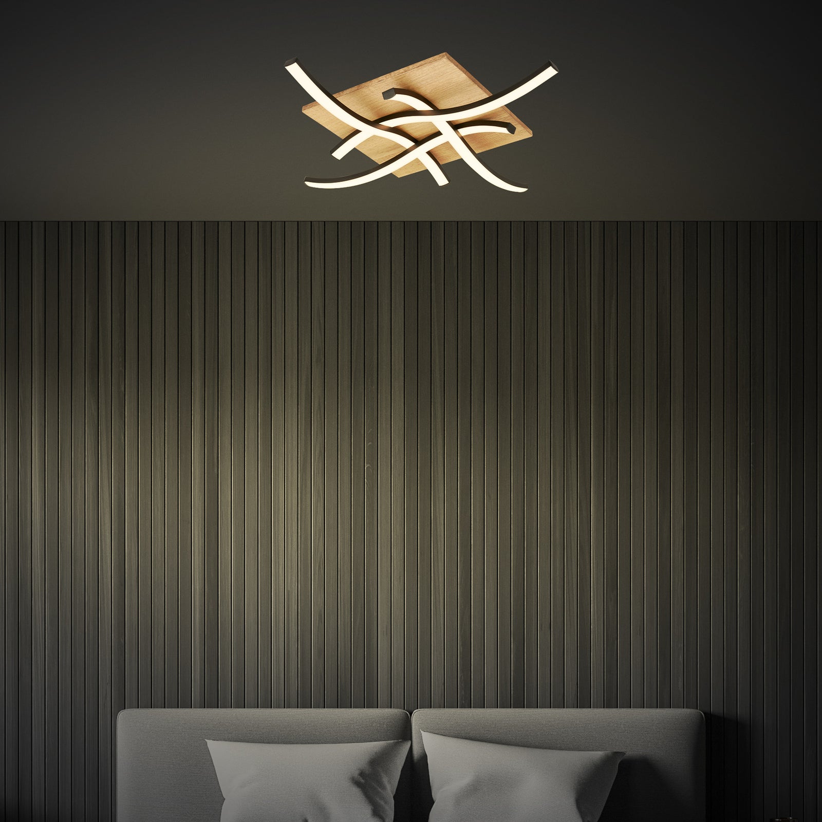 Detalj av LED taklampe Vinka 4-lys tre/svart 47x47 cm