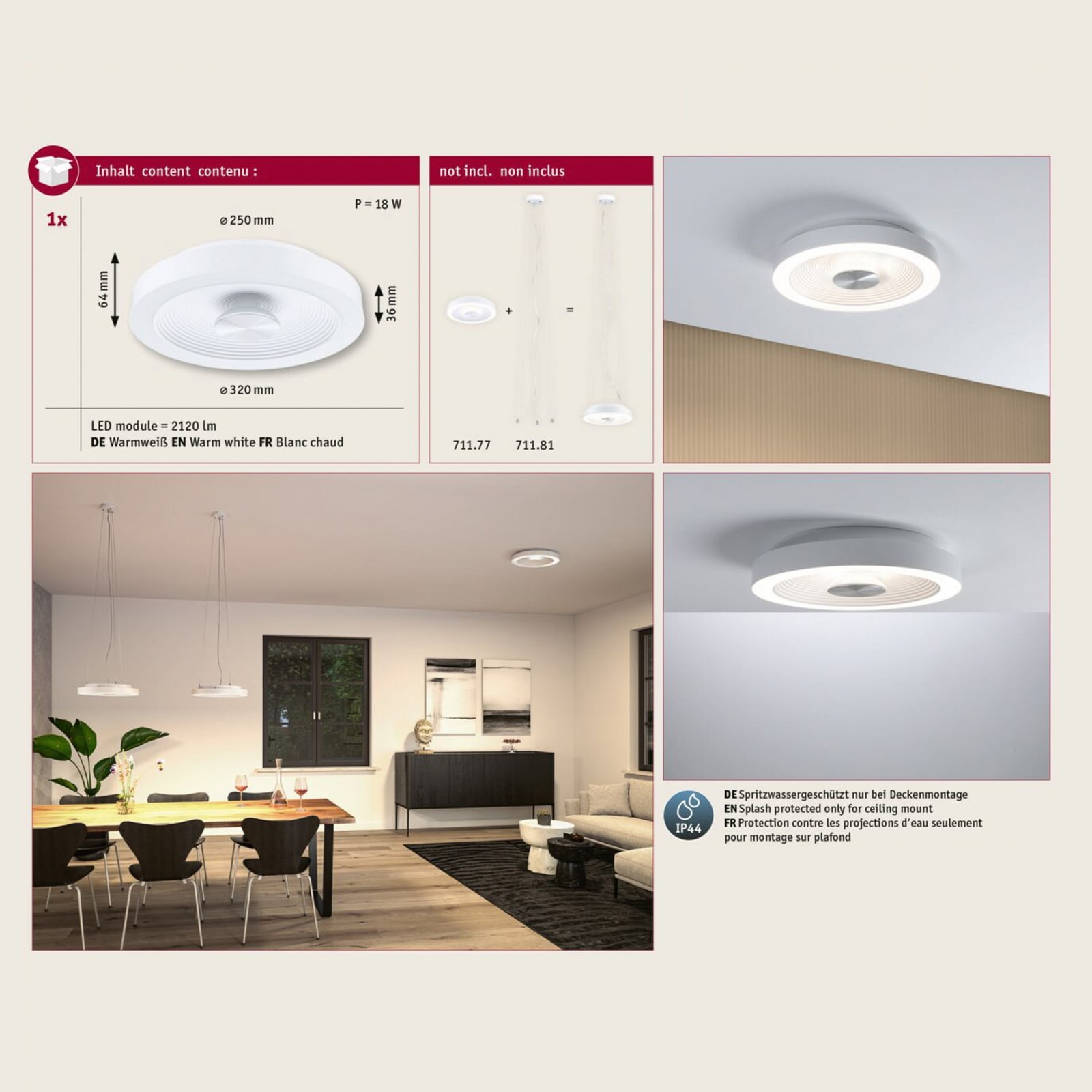 Lysfordeling for LED taklampe Volea dimbar hvit/sølv Ø32 cm IP44 Paulmann