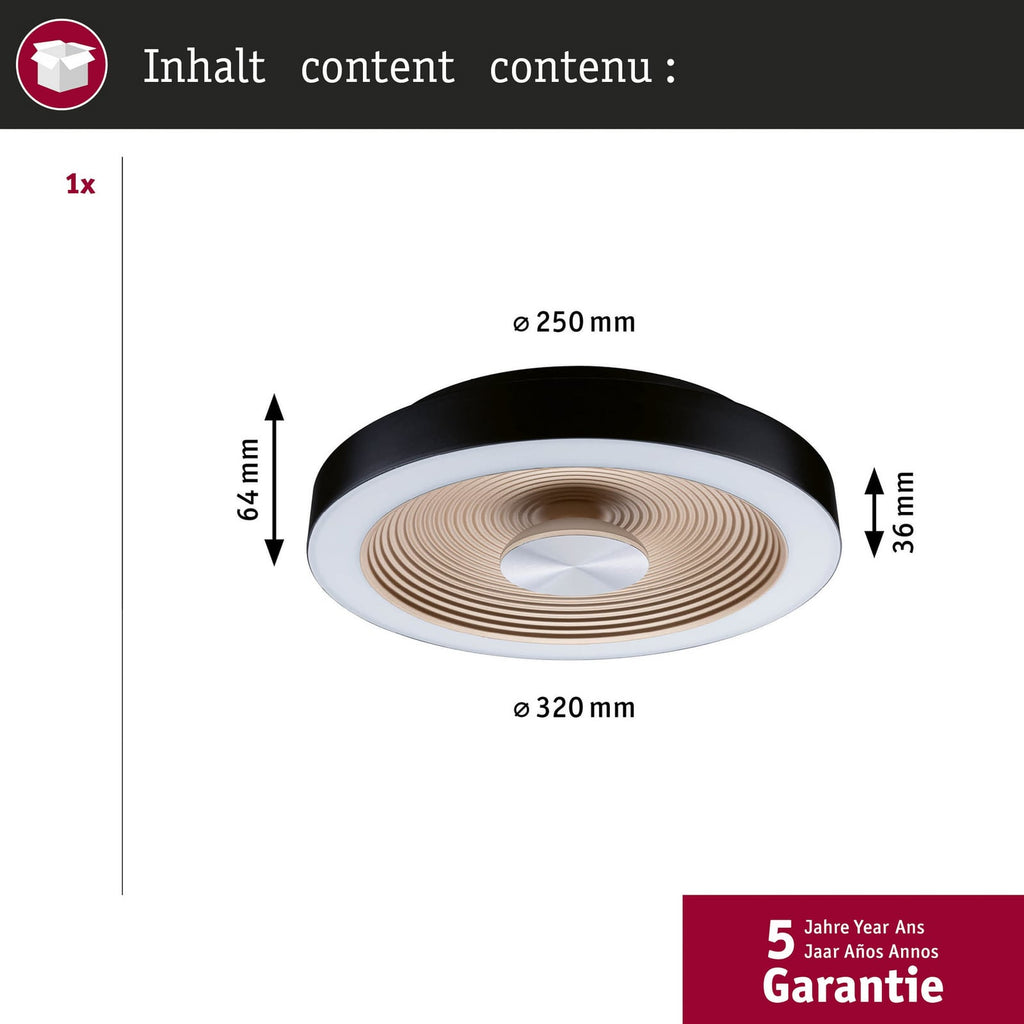 LED taklampe Volea svart/gull Ø32 cm dimbar IP44 materialdetalj