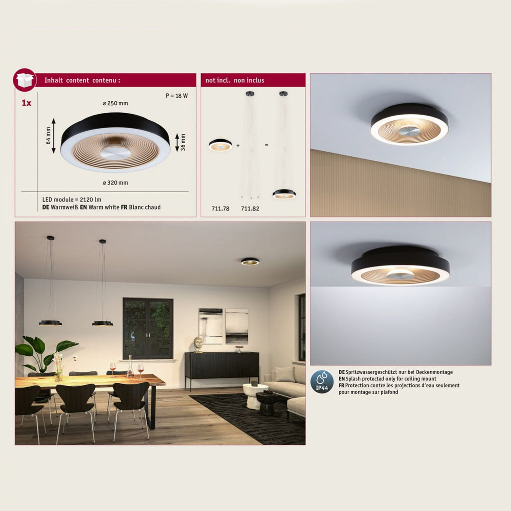 LED taklampe Volea svart/gull Ø32 cm dimbar IP44 monteringsdetalj