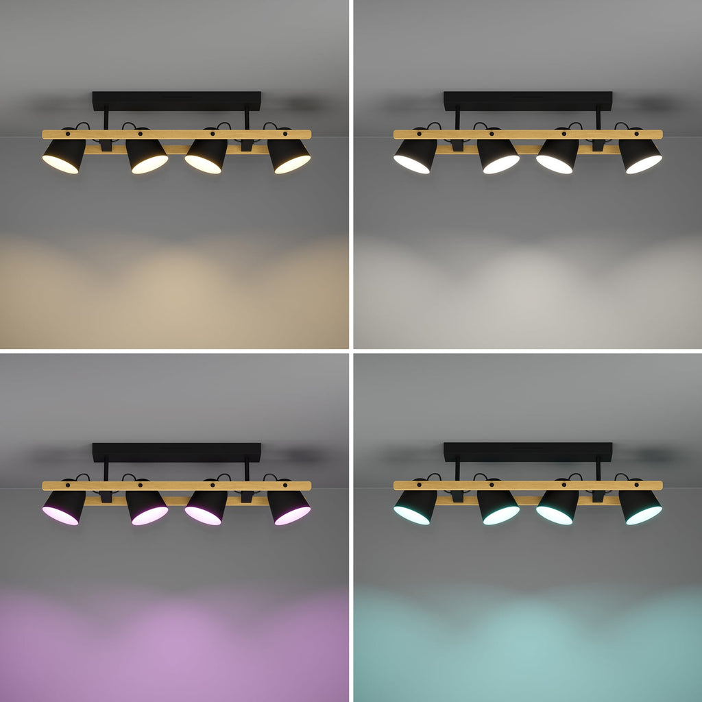LED takspot 4-lys Hornwood-Z svart tre dimbar RGB CCT nærbilde av LED-lys