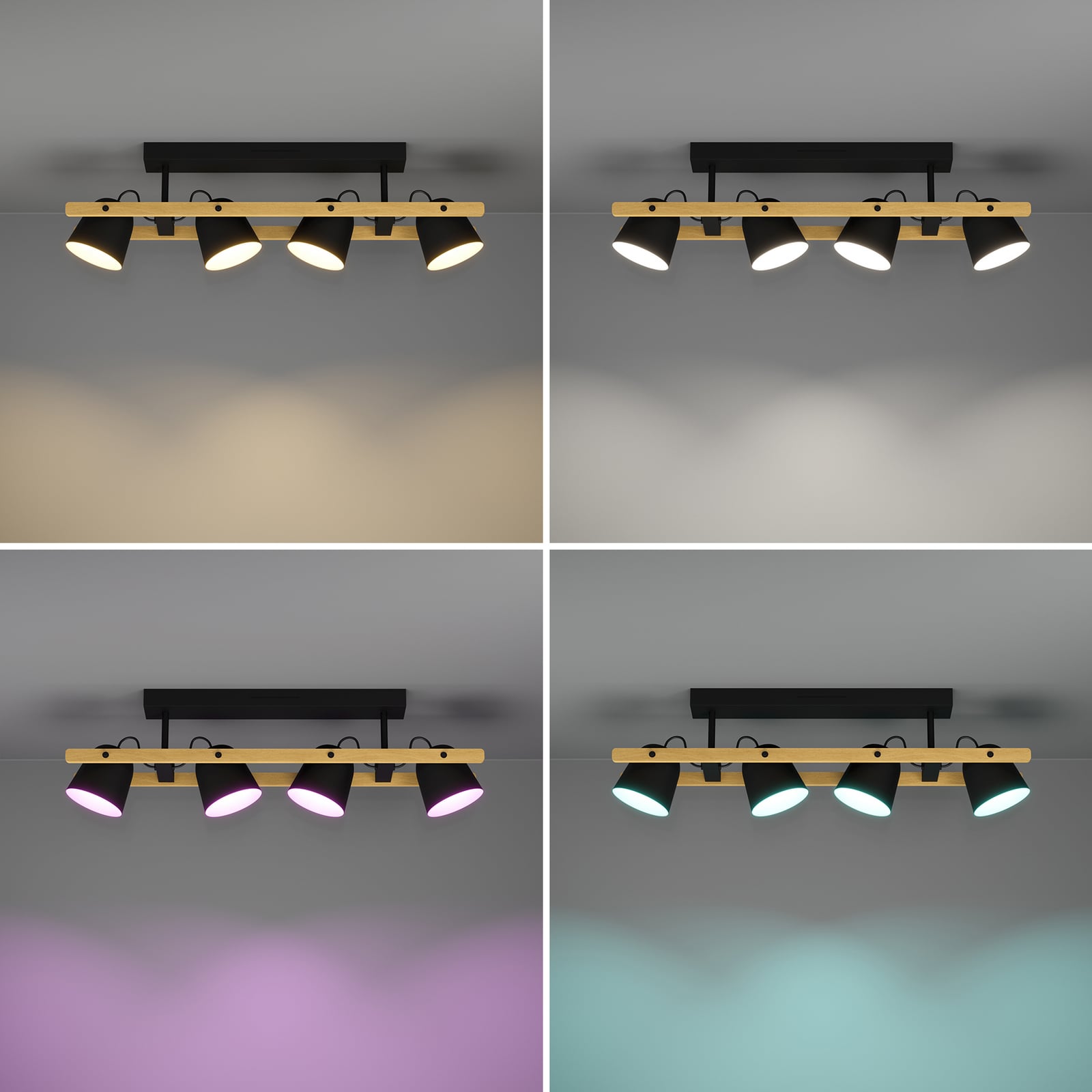 LED takspot 4-lys Hornwood-Z svart tre dimbar RGB CCT nærbilde av LED-lys