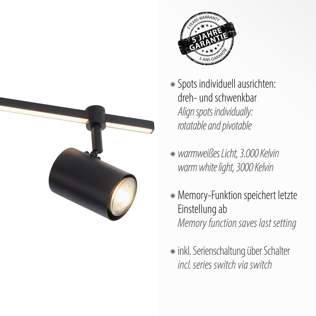 LED takspot Barik 4-lys svart justerbar 120 cm detalj av lyslist