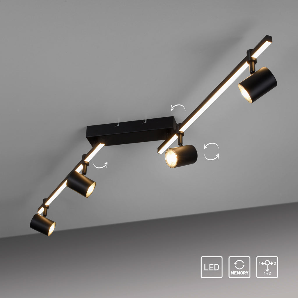 LED takspot Barik 4-lys svart justerbar 120 cm montert på vegg