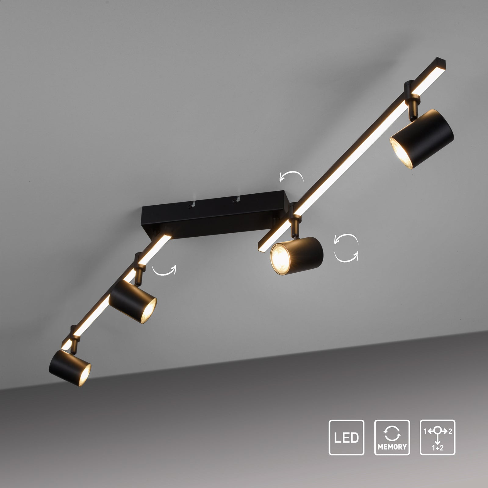 LED takspot Barik 4-lys svart justerbar 120 cm montert på vegg