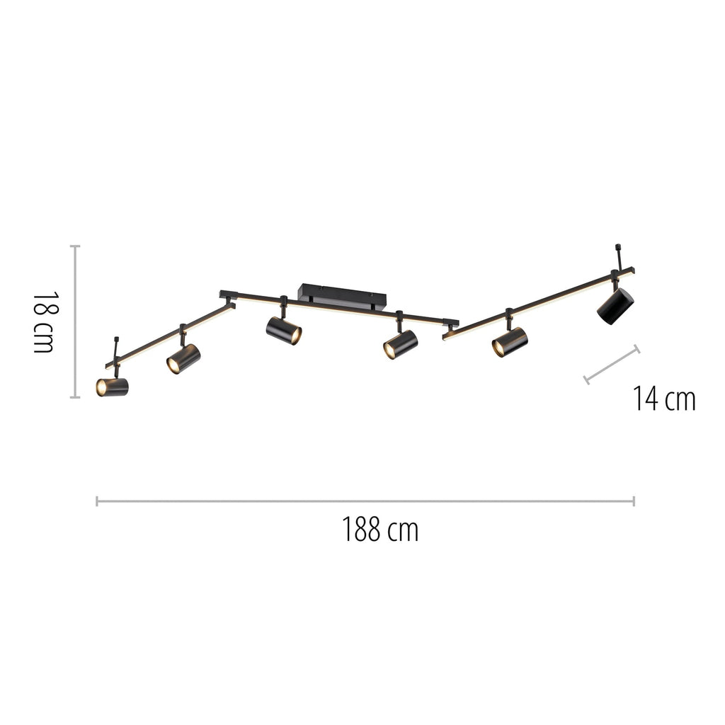 Nærbilde av LED takspot Barik 6-lys svart 188 cm justerbar 42W spotter