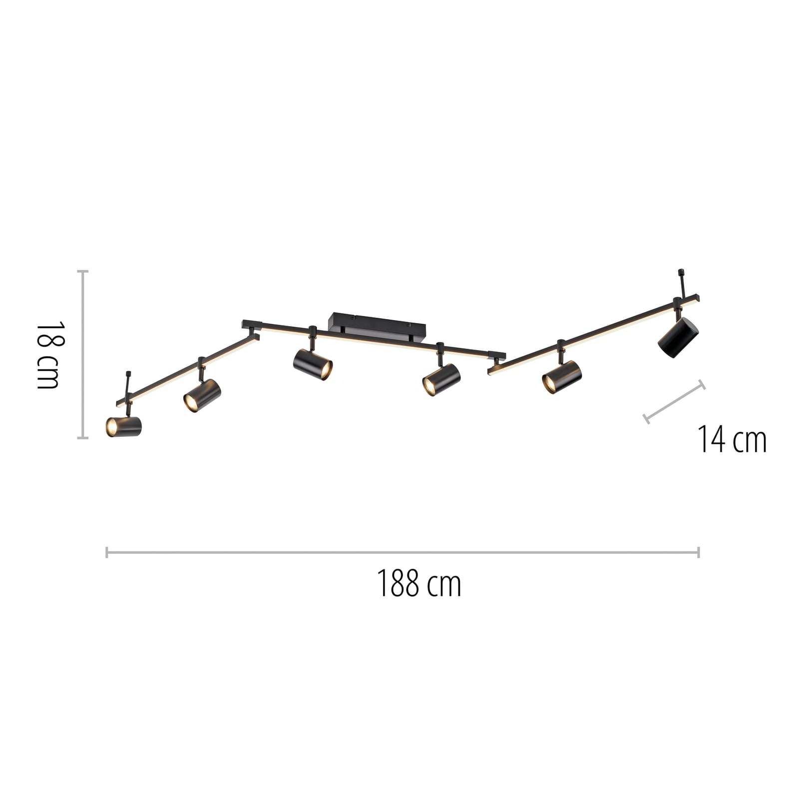 Nærbilde av LED takspot Barik 6-lys svart 188 cm justerbar 42W spotter