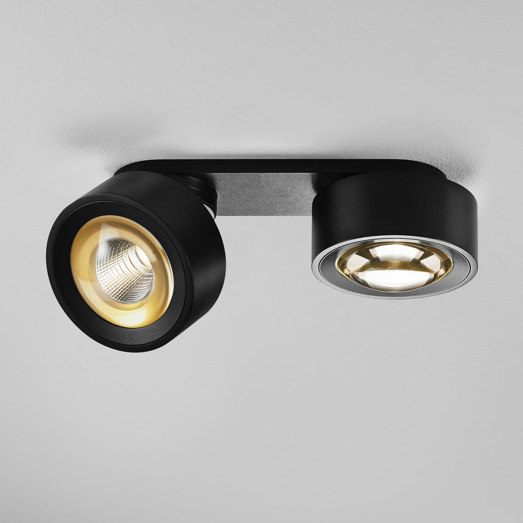 LED takspot Clippo Optic Duo 2-lys svart/gull dim-to-warm detalj av justerbare hoder