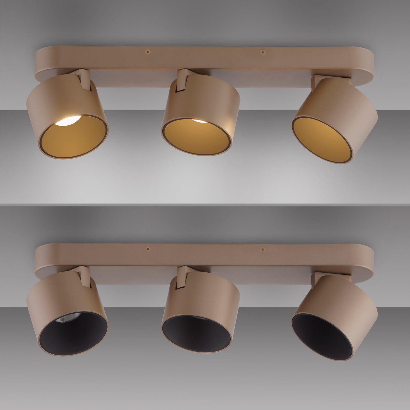 LED takspot Cup 3-lys dimbar bronsefarget 56 cm fra skrå vinkel