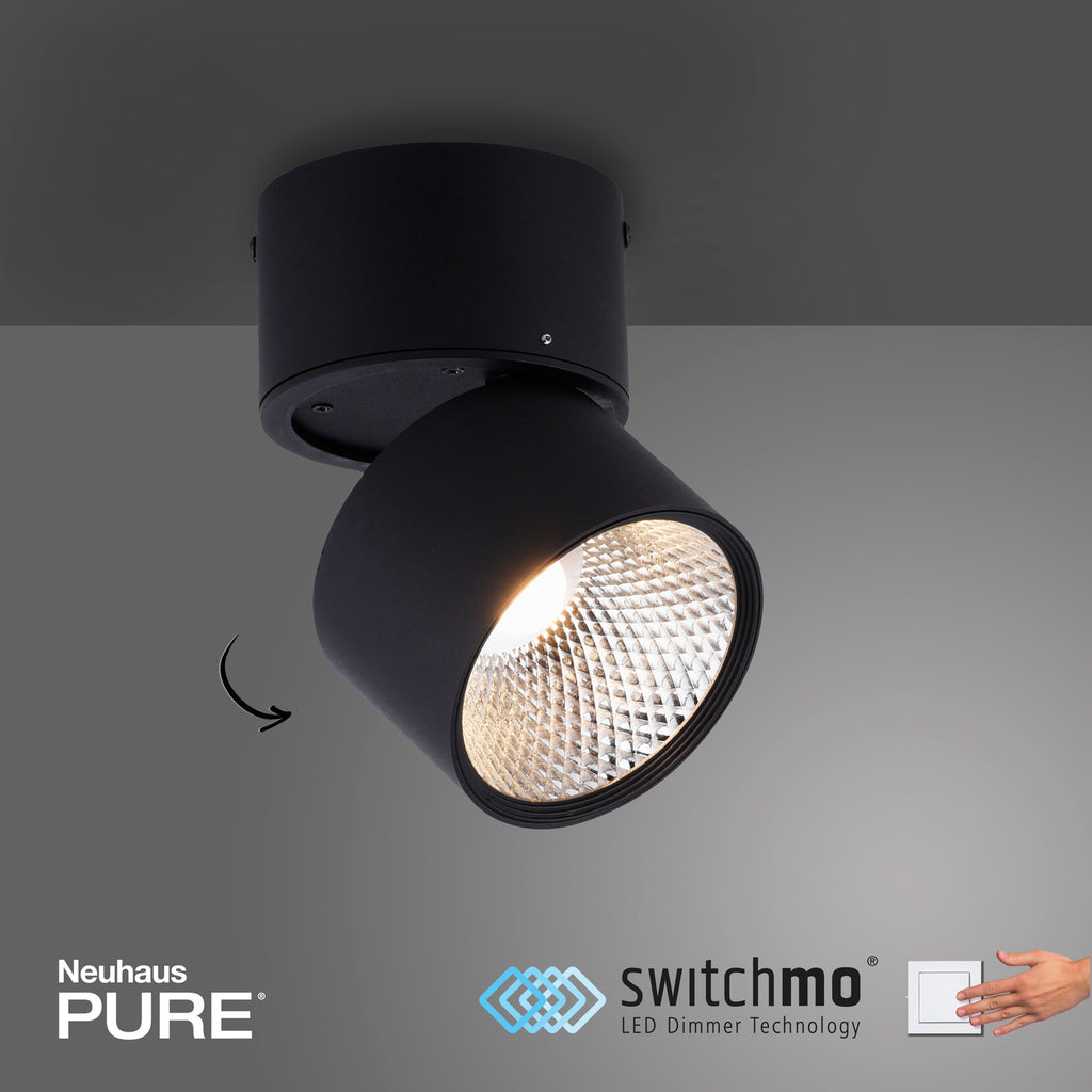 LED takspot Nola 1-lys svart dimbar 15W Ø15 cm detalj av dimmer