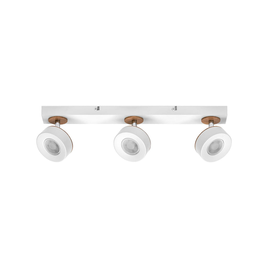 LED takspot Pluto 3-lys hvit metall og tre forfra
