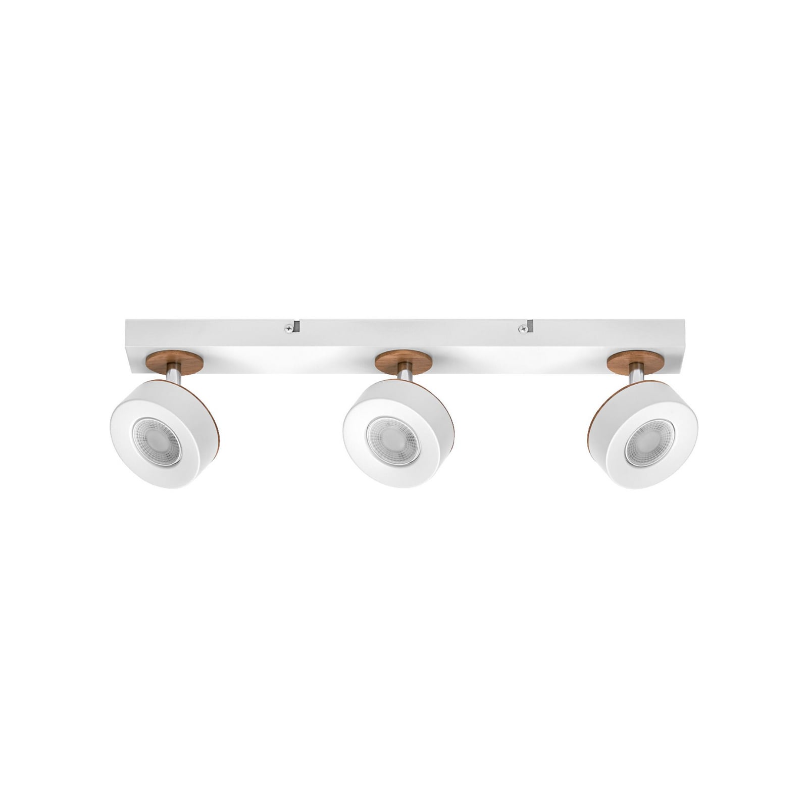 LED takspot Pluto 3-lys hvit metall og tre forfra