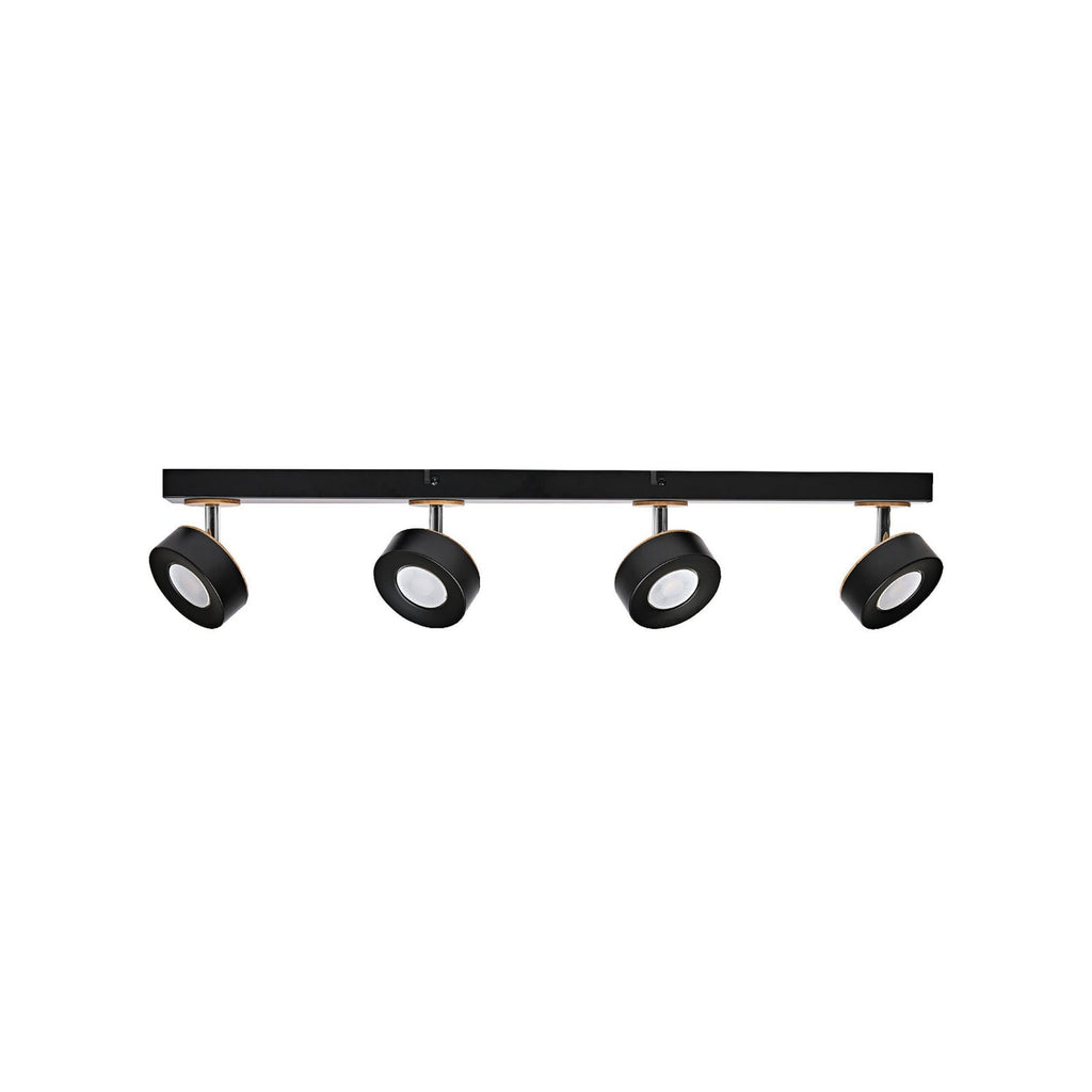 LED takspot Pluto 4-lys svart metall og tre bakside
