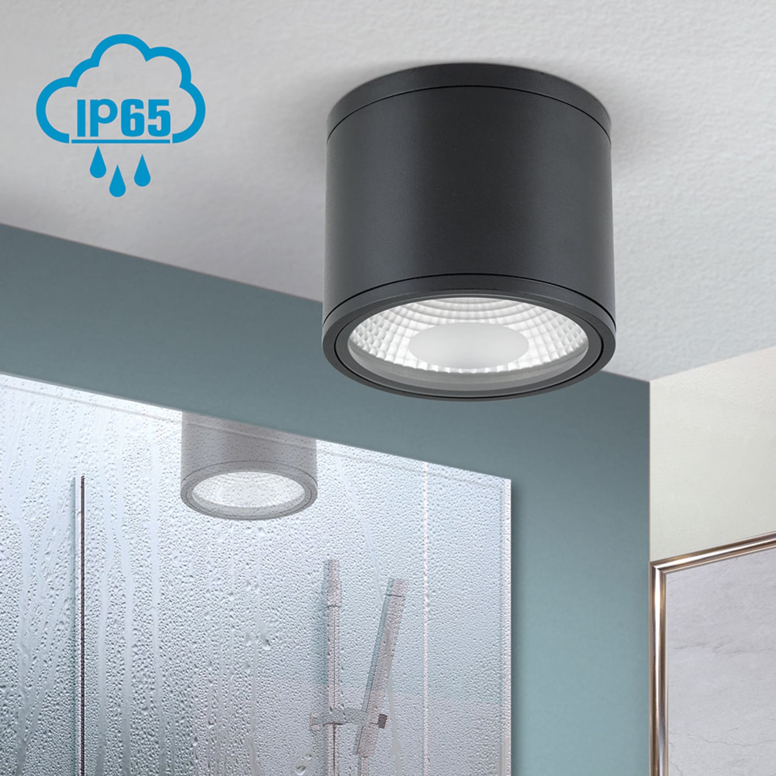 LED takspot Sputnik svart Ø14,5 cm 13W IP65 detalj av glass