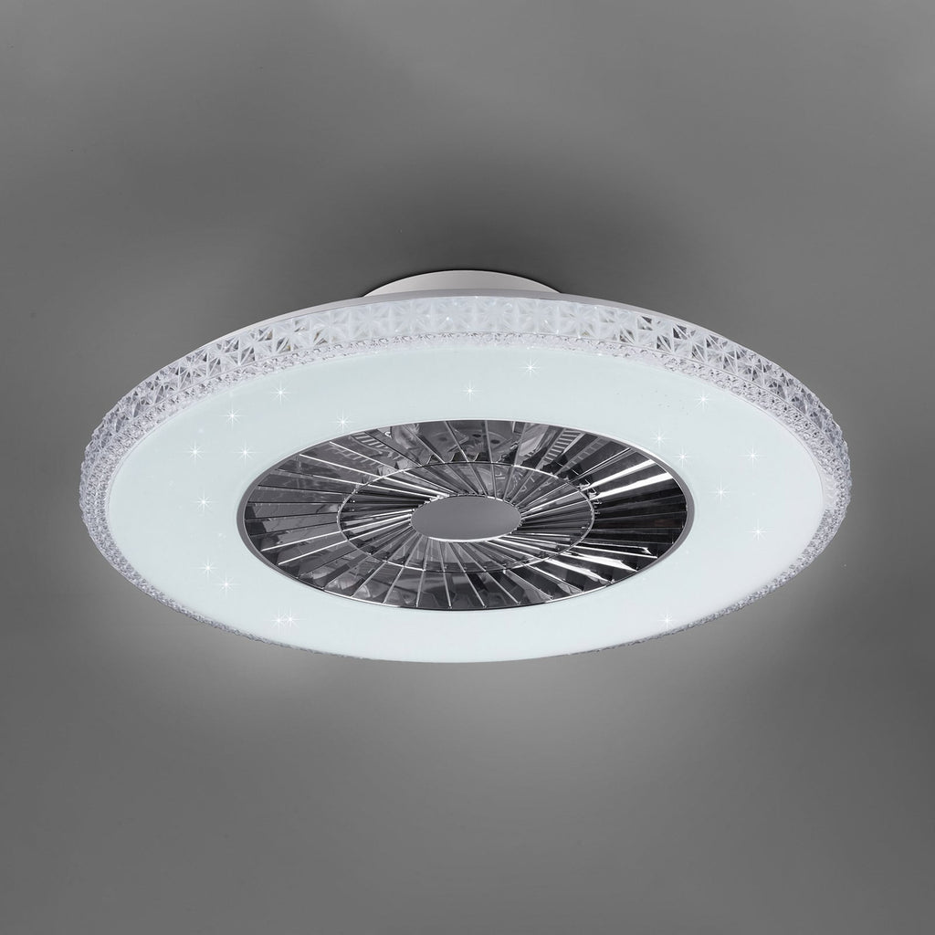 Nærbilde av LED-lys og diffusor på takvifte Harstad dimbar krystallramme CCT Ø60 cm