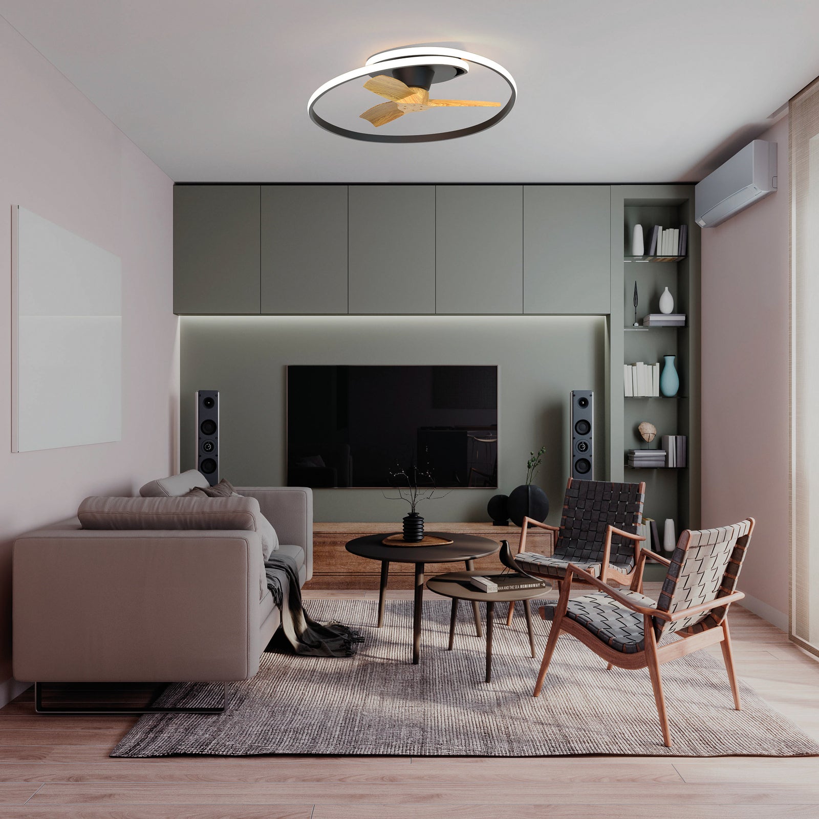 LED takvifte Ocean svart/tre dimbar CCT Ø78 cm 60W bakside