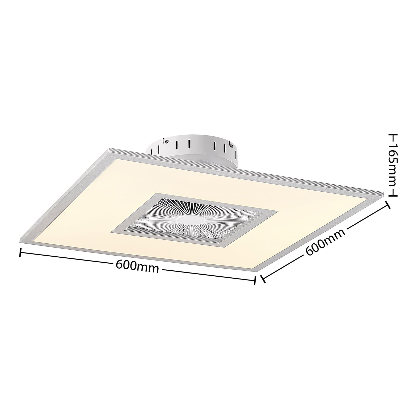 Nærbilde av LED takvifte Romea firkantet dimbar CCT 60x60 cm sølv/hvit lys
