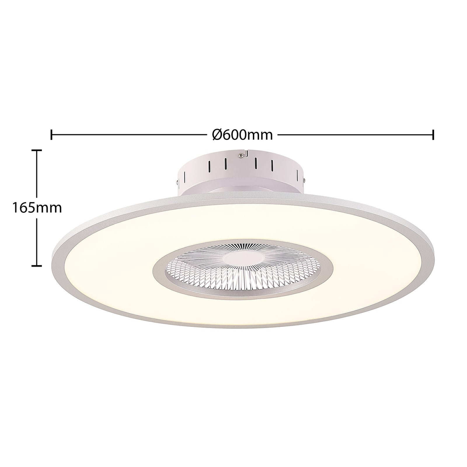 Nærbilde av lys og vifteblad på LED takvifte Romea rund CCT dimbar Ø60 cm sølv/hvit