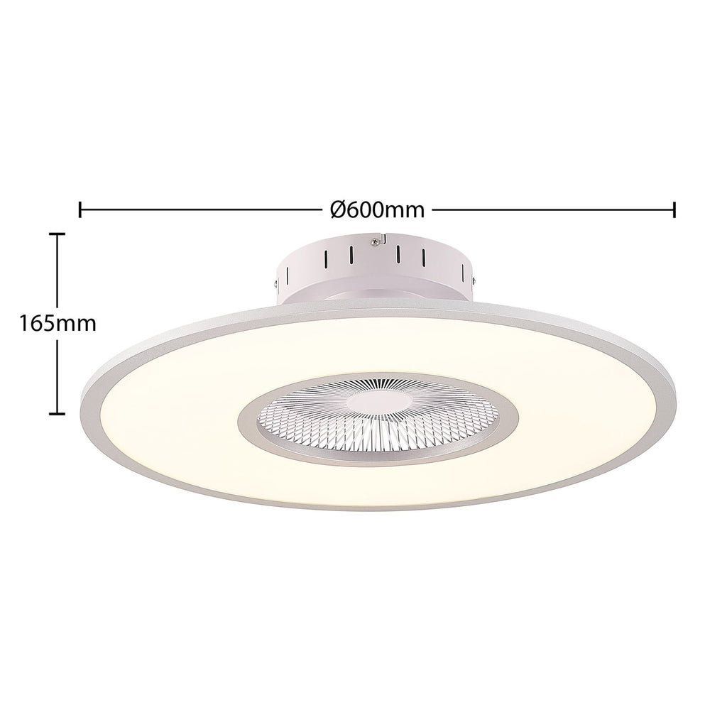 Nærbilde av lys og vifteblad på LED takvifte Romea rund CCT dimbar Ø60 cm sølv/hvit