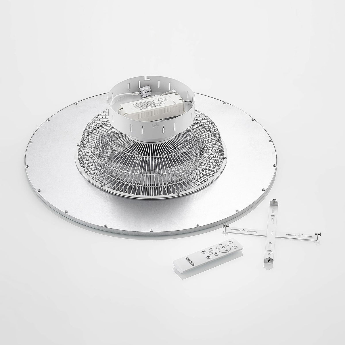LED takvifte Romea rund CCT dimbar Ø60 cm sølv/hvit i bruk med justert lys