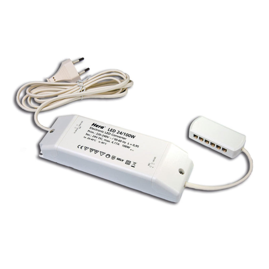 LED-transformator 24V DC 100W med 12-veis fordeler fra Hera forfra