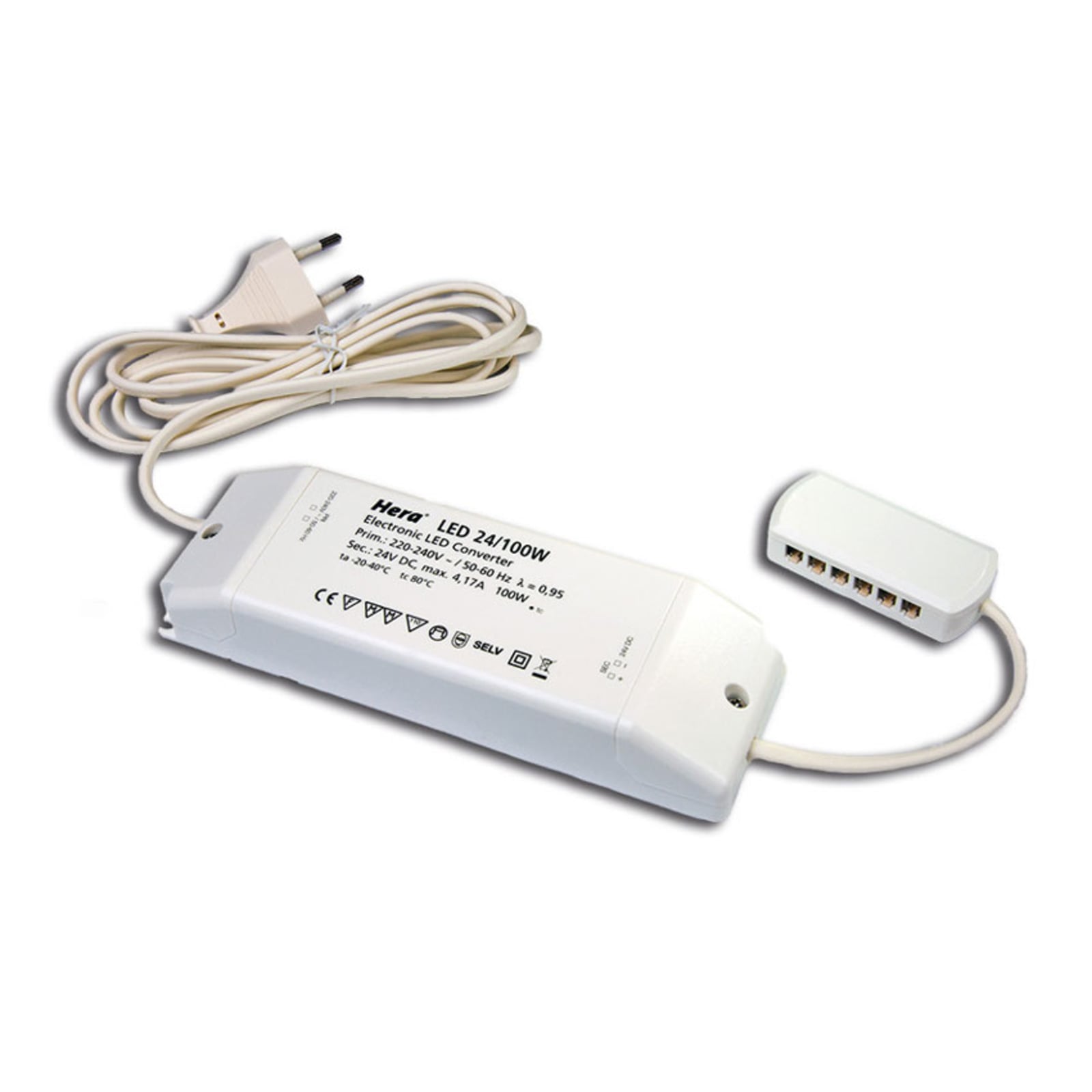 LED-transformator 24V DC 100W med 12-veis fordeler fra Hera forfra