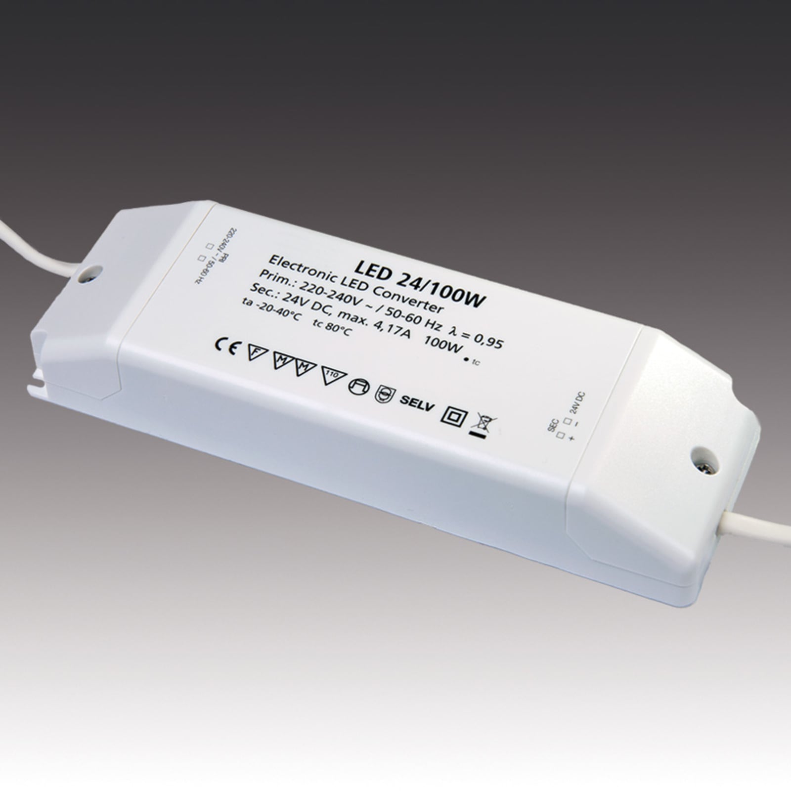 Baksiden av LED-transformator 24V DC 100W med 12-veis fordeler Hera